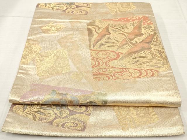 平和屋着物◎六通柄袋帯　色紙花鳥文　金糸　正絹　逸品　AAAY6212sg
