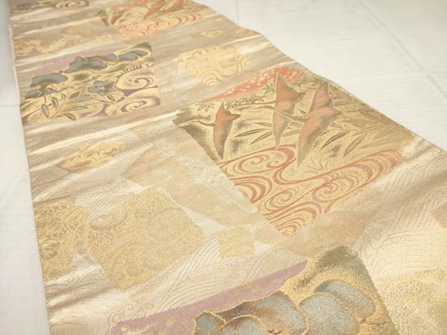 平和屋着物◎六通柄袋帯　色紙花鳥文　金糸　正絹　逸品　AAAY6212sg