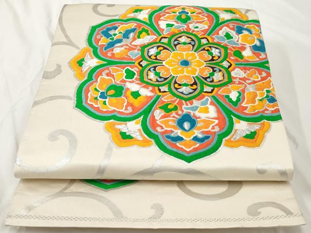 平和屋着物◎六通柄袋帯　唐織　正倉院花文　銀糸　正絹　逸品　AAAY6227sg