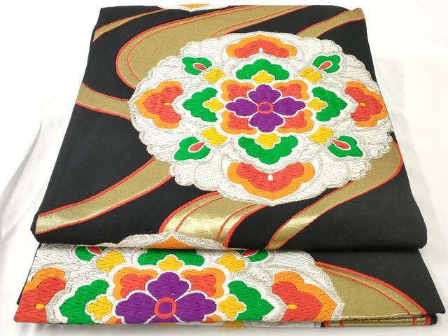 平和屋着物◎六通柄袋帯　唐織　正倉院花文　黒地　銀糸　正絹　逸品　AAAY6239sg