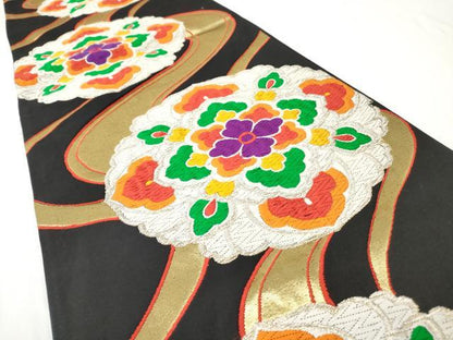 平和屋着物◎六通柄袋帯　唐織　正倉院花文　黒地　銀糸　正絹　逸品　AAAY6239sg
