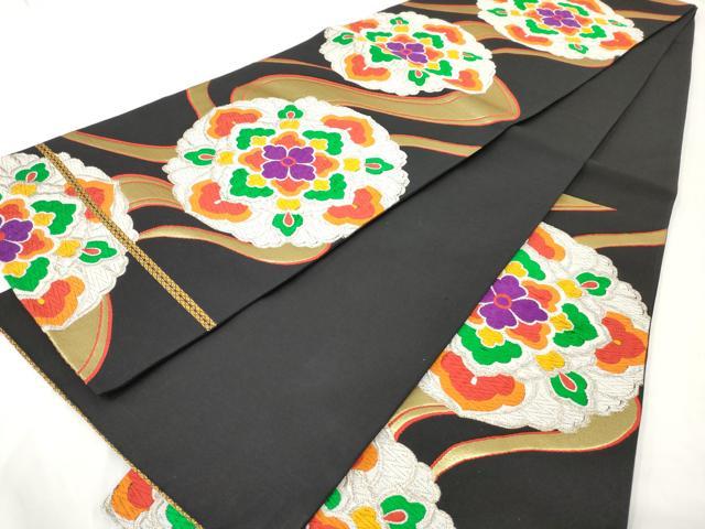 平和屋着物◎六通柄袋帯　唐織　正倉院花文　黒地　銀糸　正絹　逸品　AAAY6239sg