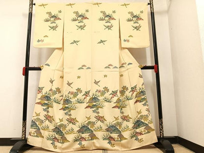 平和屋着物●訪問着 型染め 飛鶴風景草花文 金彩 正絹 逸品 AAAY6286ph