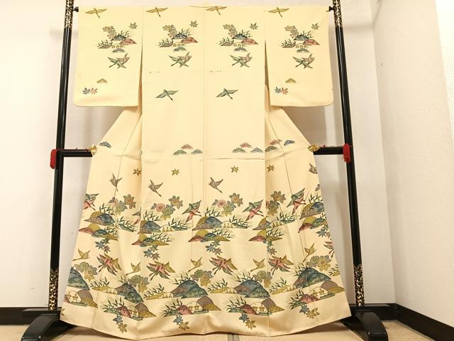 平和屋着物●訪問着 型染め 飛鶴風景草花文 金彩 正絹 逸品 AAAY6286ph