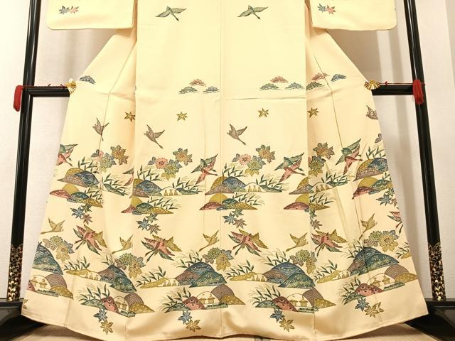 平和屋着物●訪問着 型染め 飛鶴風景草花文 金彩 正絹 逸品 AAAY6286ph