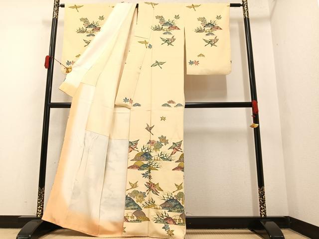平和屋着物●訪問着 型染め 飛鶴風景草花文 金彩 正絹 逸品 AAAY6286ph