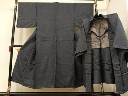 平和屋着物●男性 紬 アンサンブル 濃紺色 正絹 逸品 AAAY6305ph