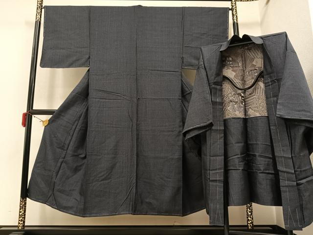 平和屋着物●男性 紬 アンサンブル 濃紺色 正絹 逸品 AAAY6305ph