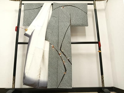 平和屋着物●訪問着 絞り 刺繍 松竹梅文 黒地 金彩 正絹 逸品 AAAY6335ph