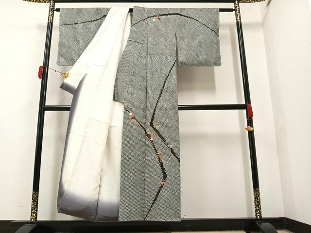 平和屋着物●訪問着 絞り 刺繍 松竹梅文 黒地 金彩 正絹 逸品 AAAY6335ph