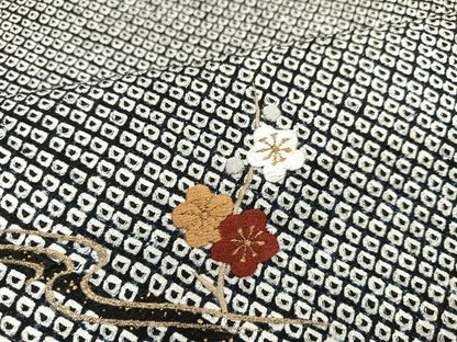 平和屋着物●訪問着 絞り 刺繍 松竹梅文 黒地 金彩 正絹 逸品 AAAY6335ph