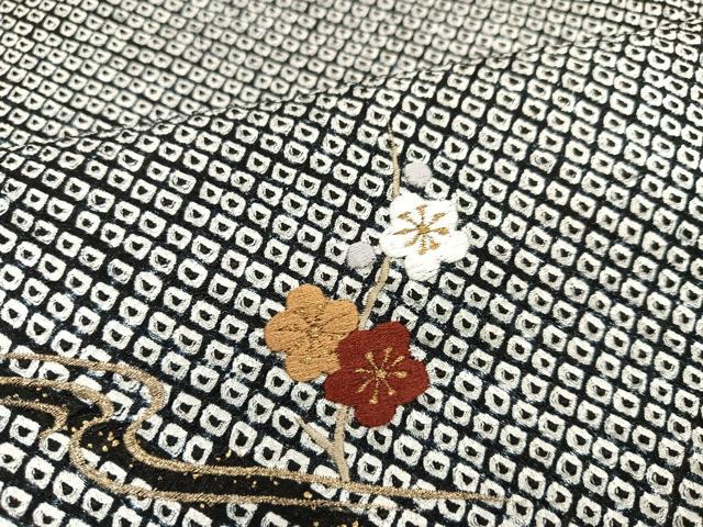 平和屋着物●訪問着 絞り 刺繍 松竹梅文 黒地 金彩 正絹 逸品 AAAY6335ph