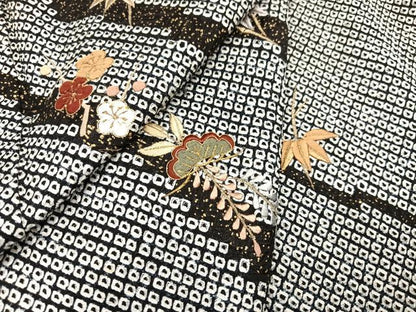 平和屋着物●訪問着 絞り 刺繍 松竹梅文 黒地 金彩 正絹 逸品 AAAY6335ph