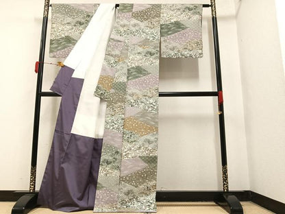 平和屋着物●上質な小紋　紬地　草花文　正絹　逸品　AAAY6347ph