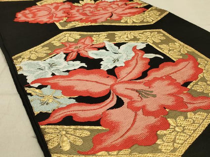 平和屋着物◎六通柄袋帯　亀甲花文　黒地　金銀糸　正絹　逸品　AAAY6365ou