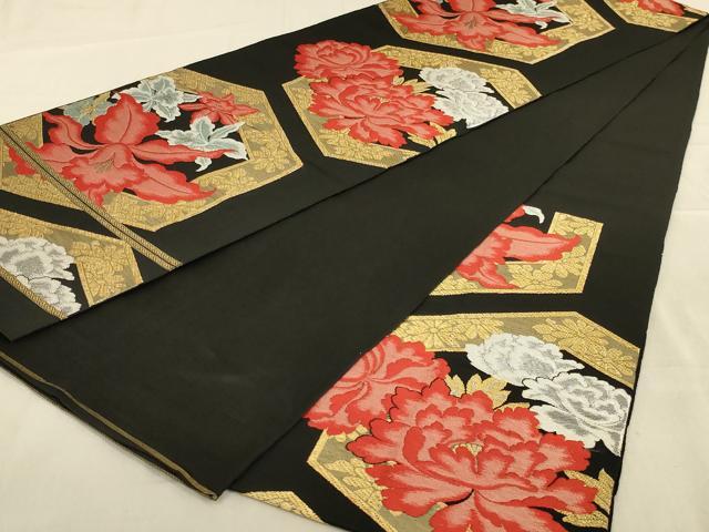 平和屋着物◎六通柄袋帯　亀甲花文　黒地　金銀糸　正絹　逸品　AAAY6365ou