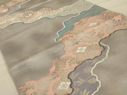 平和屋着物◎六通柄袋帯　道長花文　銀糸　正絹　逸品　AAAY6374ou
