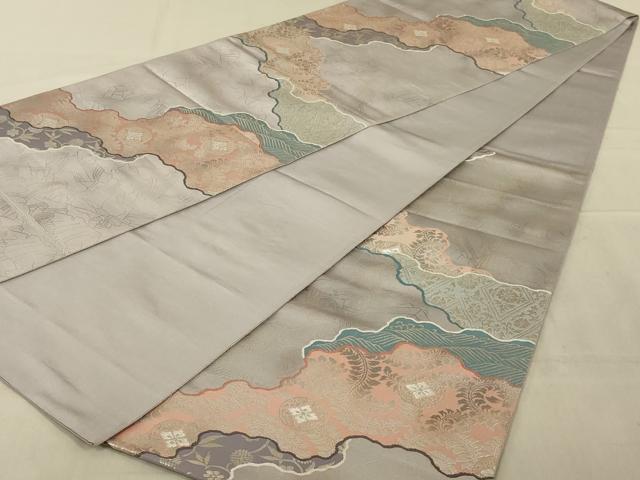 平和屋着物◎六通柄袋帯　道長花文　銀糸　正絹　逸品　AAAY6374ou