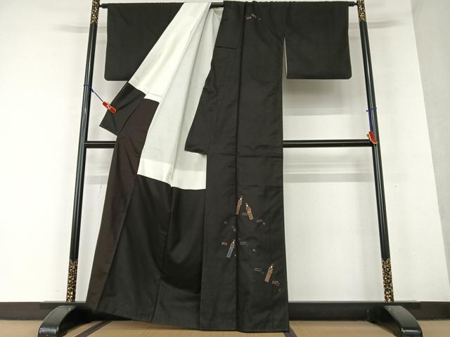 平和屋着物●本場大島紬 訪問着 刺繍 橘 黒地 正絹 逸品 AAAY6417zg