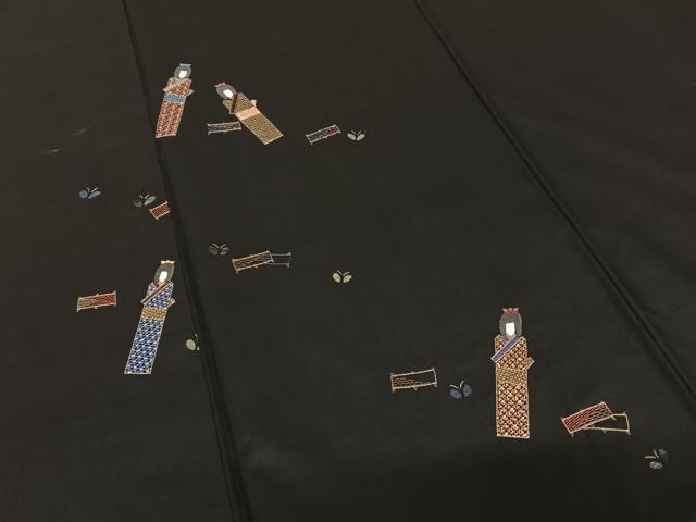 平和屋着物●本場大島紬 訪問着 刺繍 橘 黒地 正絹 逸品 AAAY6417zg