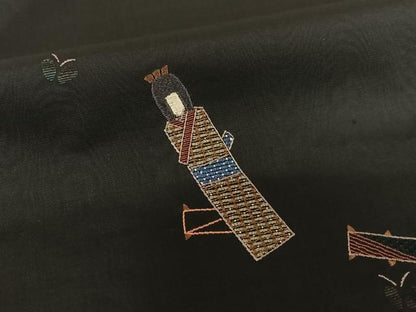 平和屋着物●本場大島紬 訪問着 刺繍 橘 黒地 正絹 逸品 AAAY6417zg