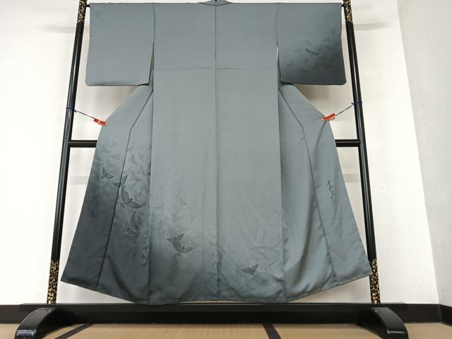 平和屋着物●染色作家　斉藤三才　訪問着　三才鳥地紋　藍墨茶色　暈し染め　正絹　逸品　AAAY6461zg