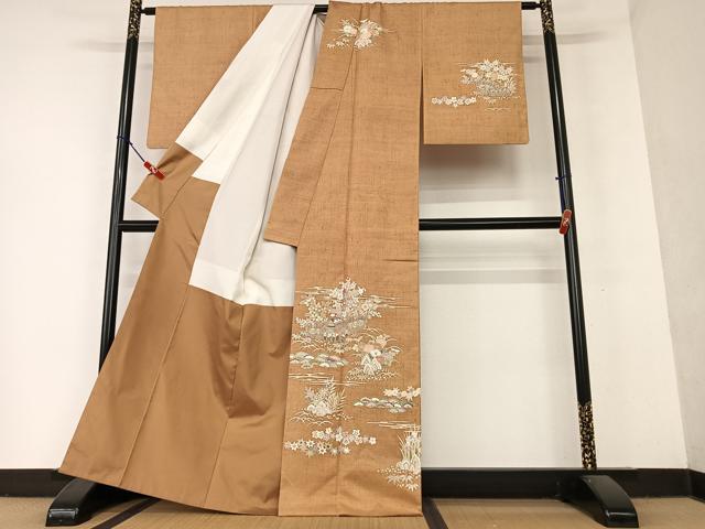 平和屋着物●訪問着 友禅 紬地 松竹梅風景文 正絹 逸品 AAAY6481zg
