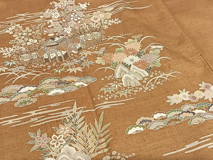 平和屋着物●訪問着 友禅 紬地 松竹梅風景文 正絹 逸品 AAAY6481zg