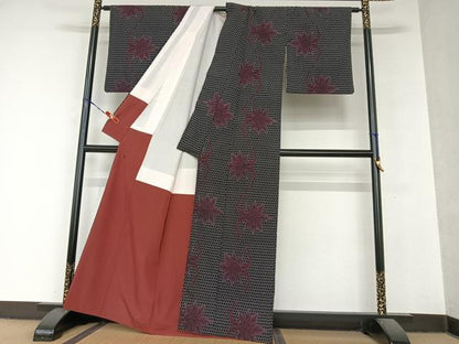平和屋着物●お召 蔦の葉文 黒地 正絹 逸品 AAAY6511zg