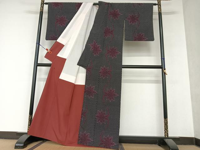 平和屋着物●お召 蔦の葉文 黒地 正絹 逸品 AAAY6511zg
