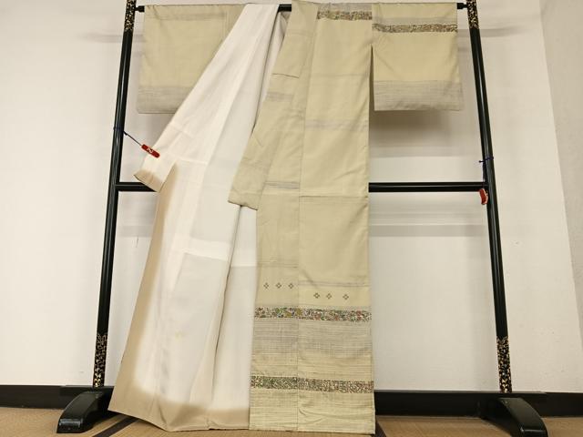 平和屋着物●訪問着 紬地 手描き 更紗花間道 正絹 逸品 AAAY6534zg