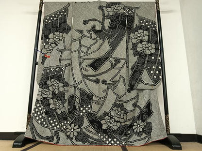 平和屋着物●豪華振袖　絞り　几帳花文　黒地　正絹　逸品　AABI4450ck