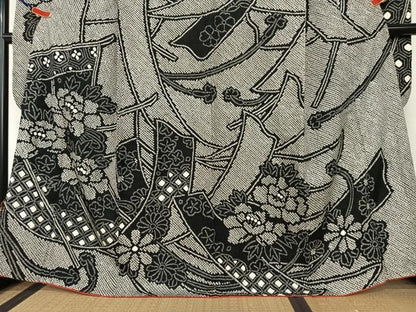平和屋着物●豪華振袖　絞り　几帳花文　黒地　正絹　逸品　AABI4450ck