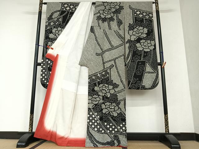 平和屋着物●豪華振袖　絞り　几帳花文　黒地　正絹　逸品　AABI4450ck