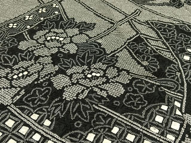 平和屋着物●豪華振袖　絞り　几帳花文　黒地　正絹　逸品　AABI4450ck