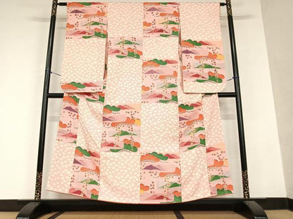 平和屋着物●小振袖 二尺袖 型染め 遠山重ね梅松文 正絹 逸品 AAAY6622zg