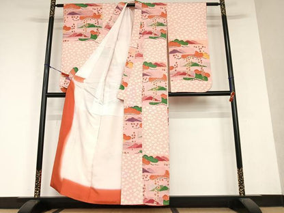 平和屋着物●小振袖 二尺袖 型染め 遠山重ね梅松文 正絹 逸品 AAAY6622zg