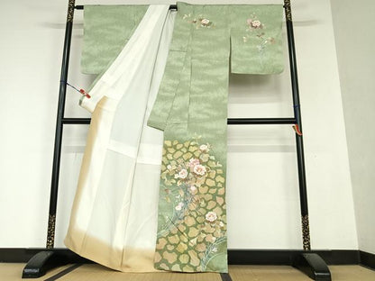 平和屋着物●訪問着　枝花文　椿　暈し染め　金彩　正絹　逸品　AAAY6626zg