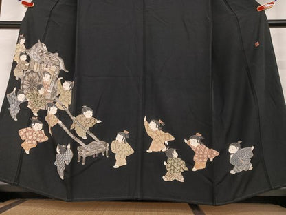 平和屋着物●十日町友禅作家　関口遼一　黒留袖　童子　山車　正絹　逸品　AAAY6629zg