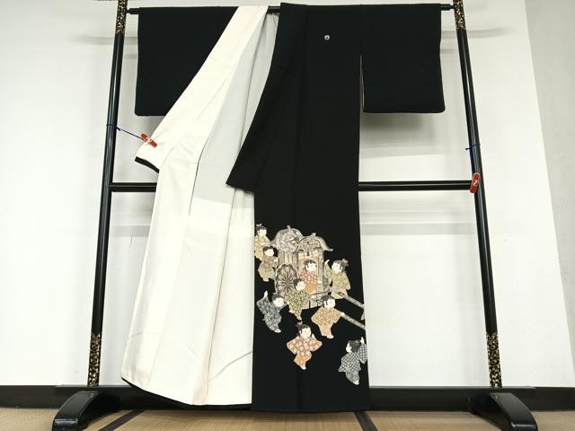 平和屋着物●十日町友禅作家　関口遼一　黒留袖　童子　山車　正絹　逸品　AAAY6629zg