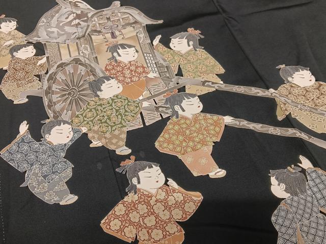 平和屋着物●十日町友禅作家　関口遼一　黒留袖　童子　山車　正絹　逸品　AAAY6629zg