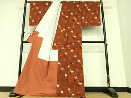 平和屋着物●上質な紬　成り物　林檎　ロング丈　正絹　逸品　AAAY6641zg