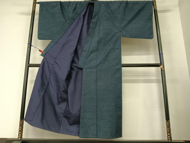 平和屋着物●男性 紬 アンサンブル 色無地 濃藍色 正絹 逸品 AAAY6645zg
