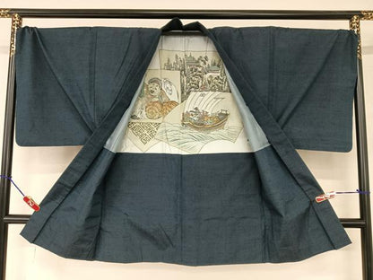 平和屋着物●男性 紬 アンサンブル 色無地 濃藍色 正絹 逸品 AAAY6645zg