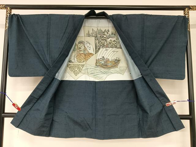 平和屋着物●男性 紬 アンサンブル 色無地 濃藍色 正絹 逸品 AAAY6645zg