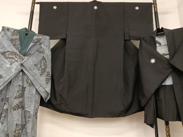 平和屋着物●男性　黒紋付　羽織・長襦袢(無双仕立て)セット　正絹　逸品　AAAY6647zg