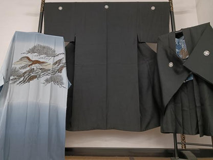 平和屋着物●男性 黒紋付 羽織・長襦袢(袷)セット 正絹 逸品 AAAY6649zg