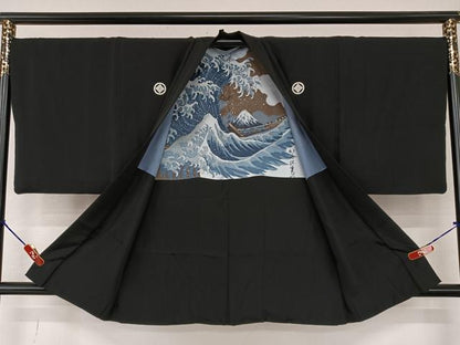 平和屋着物●男性 黒紋付 羽織・長襦袢(袷)セット 正絹 逸品 AAAY6649zg