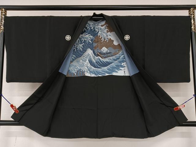 平和屋着物●男性 黒紋付 羽織・長襦袢(袷)セット 正絹 逸品 AAAY6649zg