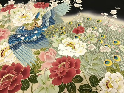 平和屋着物●豪華黒留袖 友禅 作家物 刺繍 孔雀花文 暈し染め 金彩 正絹 逸品 未使用 AAAY6658zg